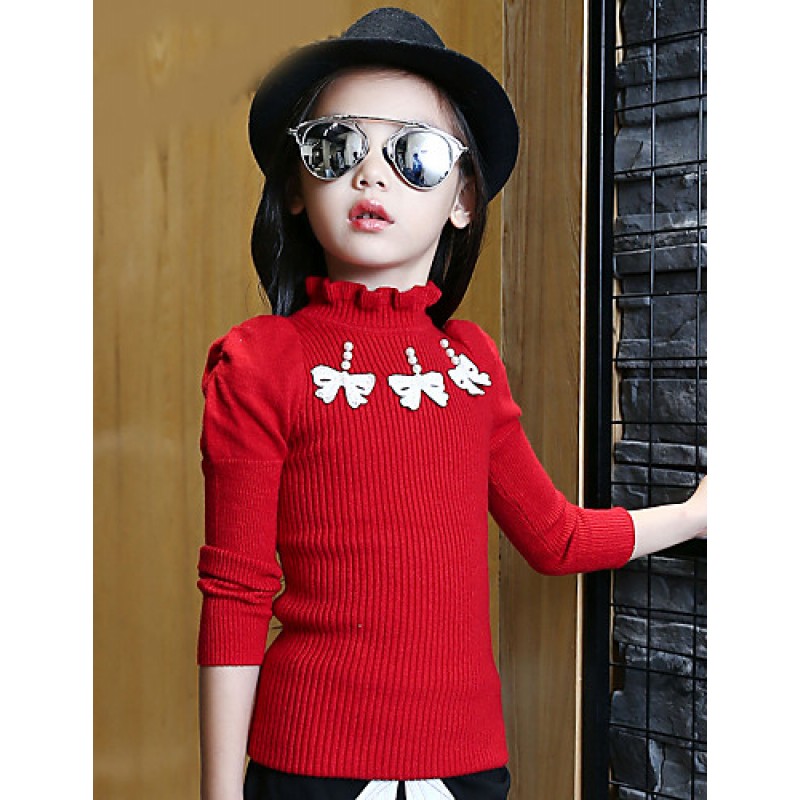 Girl's Wild Solid Beading Bow Knitwear Bottom Sweater & Cardigan  